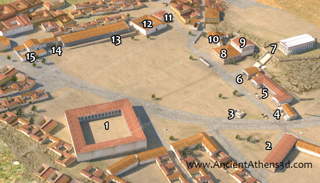 Άποψη της Αγοράς τον 4ο αι.π.Χ.
1. Τετράγωνο Περιστύλιο 2. Ποικίλη Στοά, 3. Βωμός των 12 Θεών, 4. Βασίλειος Στοά, 5. Στοά Ελευθερίου Διός, 6. ναός του Πατρώου Απόλλωνα, 7. Ναός Ηφαίστου, 8. Παλαιό Βουλευτήριο, 9. Νέο Βουλευτήριο, 10. Θόλος, 11. Νοτιοδυτική Κρήνη, 12. Το Αιάκειον, 13 Νότια Στοά, 14. Νοτιοανατολική Κρήνη, 15. Νομισματοκοπείο.