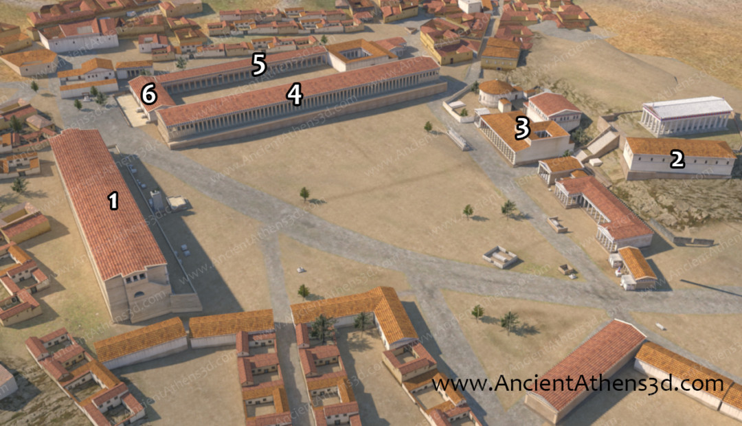 A top view of the Hellenistic Agora. 1. Stoa of Attalos, 2. Arsenal, 3. Metroon, 4. Middle Stoa, 5. South Stoa II, 6. East Building