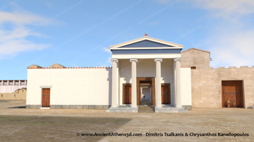 The facade of Pompeion with the monumental Ionic propylon. The Propylon of the Pompeion was the first Ionian four-column prostyle propylon and became the model for the Propyla of the Hellenistic era.