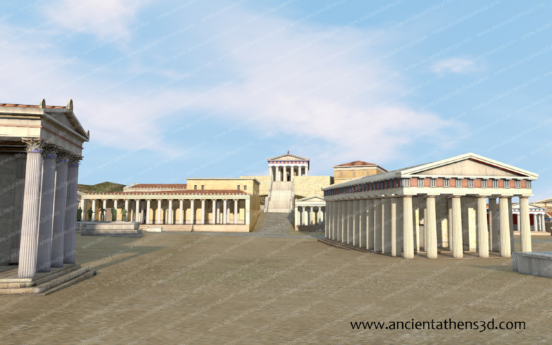 Άποψη από ανατολικά. Στα αριστερά, το πρόπυλο του Ωδείου του Αγρίππα και στα δεξιά, ο Ναός του Άρη. Στο βάθος φαίνεται το Μητρώον και πάνω στον λόφο, ο Ναός του Ηφαίστου.