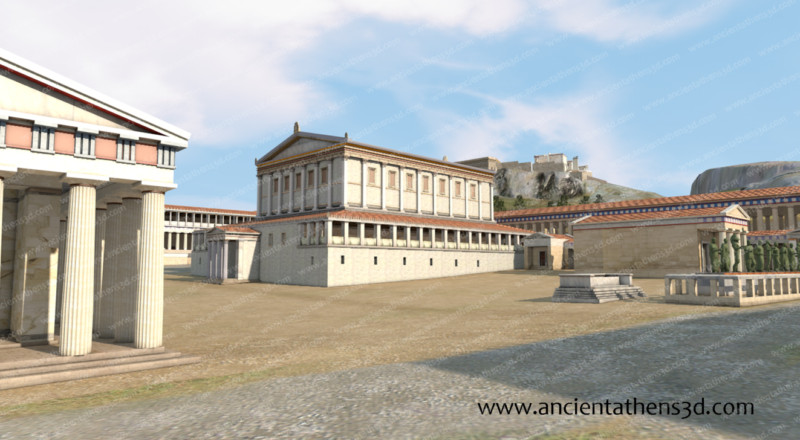 Άποψη του κεντρικού χώρου της Αγοράς από βορειοδυτικά. Στα αριστερά, ο Ναός του Άρη, στο κέντρο το Ωδείο του Αγρίππα και δεξιά ο ΝΔ Ναός.