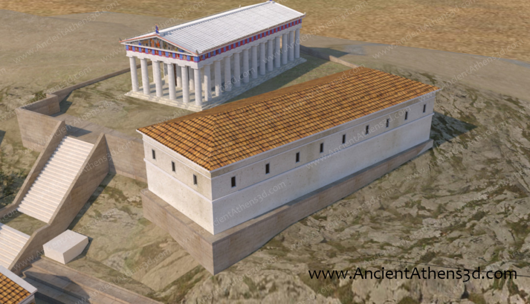 Το μεγάλο αυτό κτήριο δίπλα στο Ναό του Ηφαίστου θεωρείται ότι ήταν Οπλοστάσιο εξαιτίας της ομοιότητάς του με τη Σκευοθήκη του Φίλωνα στον Πειραιά που χρησίμευε γι αυτόν τον λόγο.