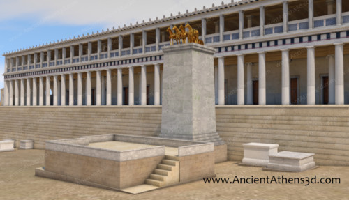 In front of the Stoa of Attalos stood a pedestal with a four horse chariot, probably dedicated by Attalos himself. Later it was rededicated to the Roman Emperor Tiberius. In front of it was the bema, or speaker's platform. From there speakers and the politicians used to speak to the Athenian people.