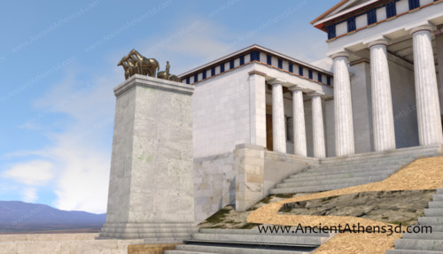 The tethrippon of Propylaea. In the end of the 1st century BC the initial inscription was erased and the monument was dedicated anew to Marcus Agrippa, general and son in law of Octavian Augustus.