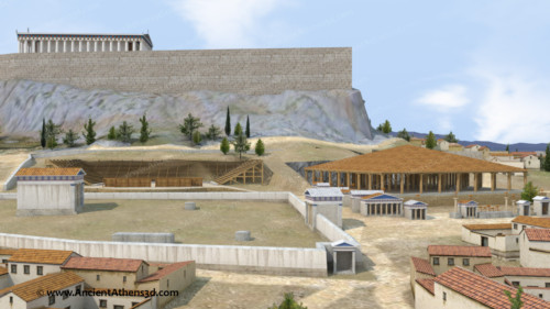 Γενική άποψη της νότιας πλαγιάς της Ακρόπολης, με το ιερό του Διονύσου, το Θέατρο και το Ωδείο του Περικλή