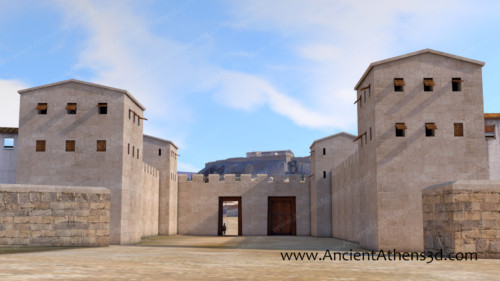 The Dipylon as someone could see it when entering the city.
The two gates after which was named are visible.