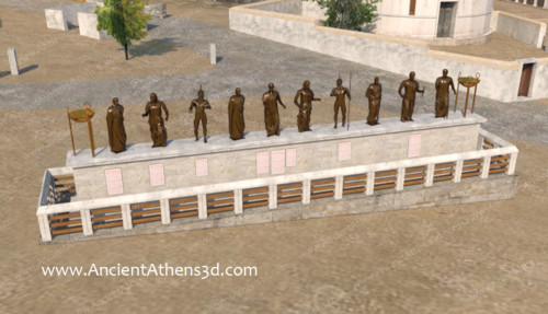 The monument of the Eponymous Heroes used to hold the statues of the ten heroes who gave the names to the ten tribes of Athens. Under each statue, on the base, were engraved the names of each tribe’s most important citizens.