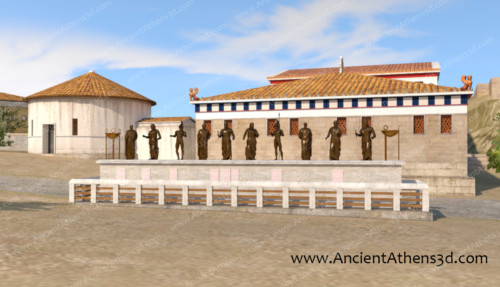 The monument of the Eponymous Heroes was earlier located a little more to the south. It hold the statues of the ten heroes who gave the names to the ten tribes of Athens. Under each statue, on the base, were engraved the names of each tribe’s most important citizens.