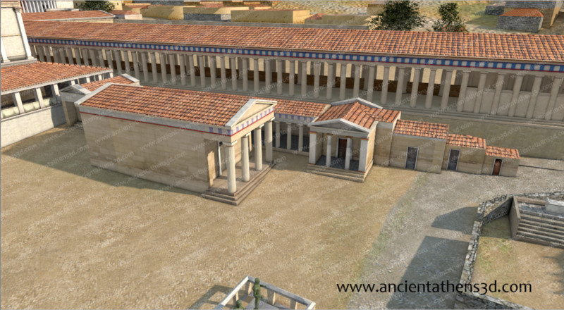 Ο Νοτιοδυτικός Ναός και τα κτήρια που ίσως χρησίμευαν ως κρατικά γραφεία. Ο ΝΔ Ναός κατασκευάστηκε και αυτός από μέλη κλασικού κτηρίου (πιθανότατα από κάποιο δωρικό κτήριο του Θορικού) και μάλλον ήταν αφιερωμένος στην αυτοκρατορική οικογένεια.