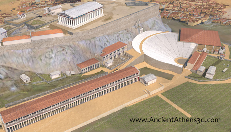 Panoramic view of the Acropolis and its south slope. In the foreground is the Stoa of Eumenes. Between the stoa and the theatre of Dionysus is the choragic monument of Nikias.