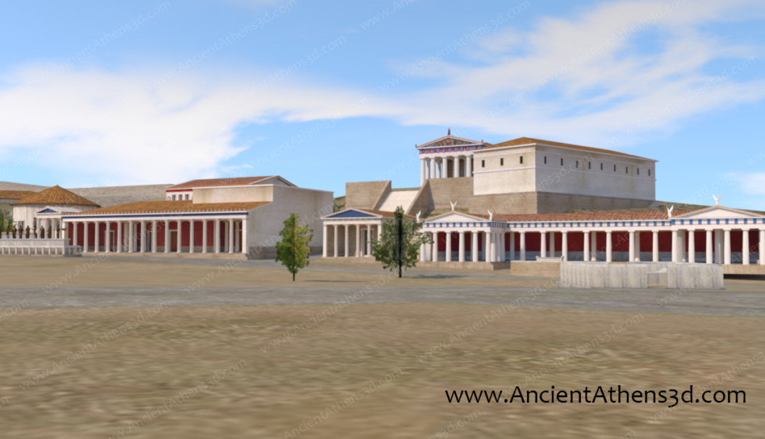 The west side of the Agora. The ionic building on the left is the Metroon. On the hill, next to the temple of Hephaistos is the Arsenal.