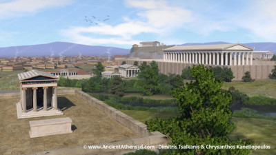 The area of the Gardens and the Ilissos river with the Olympieion as it would have appeared from the east.
From left to right: temple of Artemis Agrotera, temple of Kronos and Rhea, temple of Apollo Delphinios, the Parthenon on the Acropolis, the Olympieion and the Pantheon.