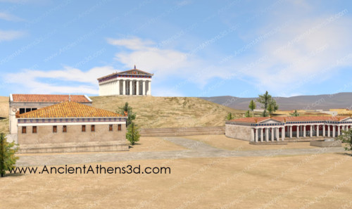The west side of the Agora. On the right is the Stoa of Zeus Eleutherios. On top of the hill is situated the temple of Hephaestus while on the left are the two Bouleuteria.