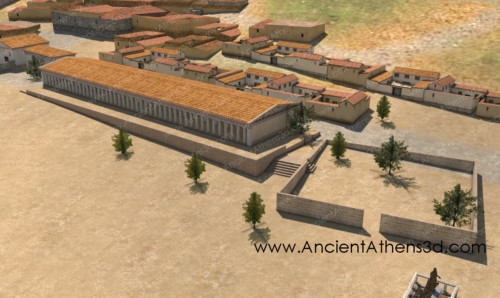 Η νότια πλευρά. Στα δεξιά, ο περίβολος του άλσους του Αιακείου και στα αριστερά, η Νότια Στοά Ι.