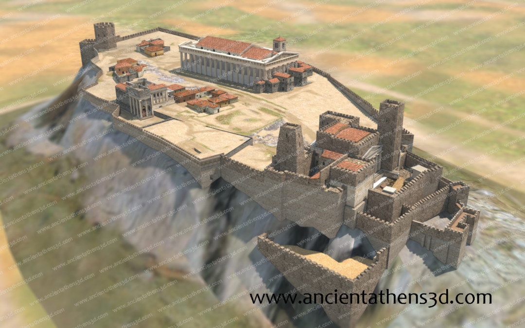 Γενική άποψη της Μεσαιωνικής Ακρόπολης. Τα προπύλαια έχουν μετατραπεί σε οχυρωμένο κάστρο-παλάτι του διοικητή, ο Παρθενώνας εκκλησία με καμπαναριό και το Ερέχθειο διοικητήριο. Πάνω αριστερά διακρίνεται ο πύργος Belvedere.