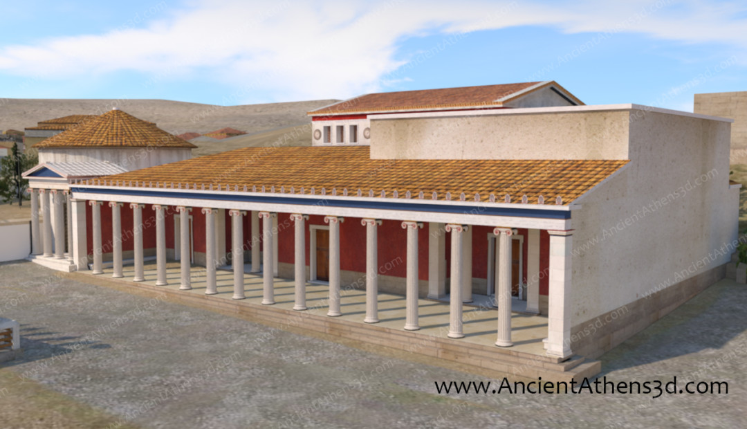 Το Μητρώον (~130 π.Χ.) με το Ιωνικό πρόπυλο στα αριστερά.