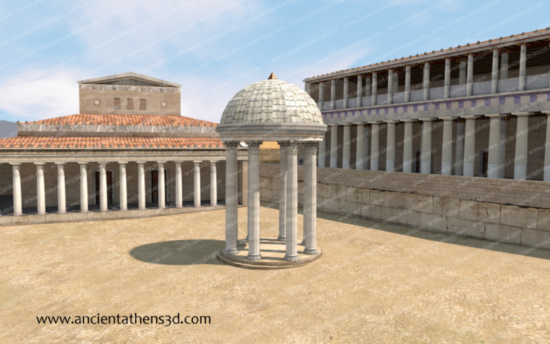 Ο Μονόπτερος μπροστά από την Βασιλική και τη Στοά του Αττάλου.