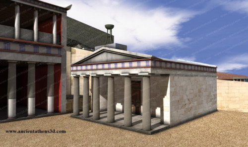 The monument of Nikias next to the Stoa of Eumenes near the eastern end of Eumenes' Stoa. According to the inscription written on the entablature, it was constructed by the theatrical choregos (sponsor) Nikias son of Nikodemos during the administration of Neaichmos (319 BC). In 237 AD its parts were used for the construction of a new Roman Acrpolis gate (gate Beulé) that still exists in perfect condition.