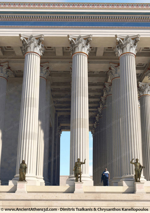 Detail of the southern colonnade of the Temple reconstructing the theory according to which the statues of Hadrian stood in front of each column.