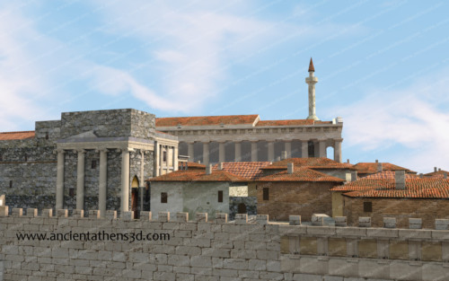 Μέρος της Ακρόπολης από βόρεια. Στα αριστερά το Ερέχθειο ως χαρέμι και στο βάθος, ο Παρθενώνας ως τζαμί.