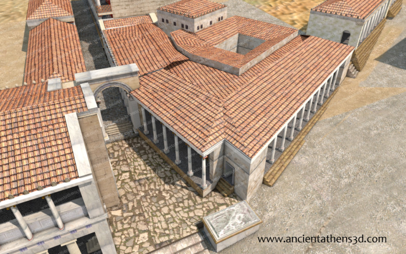 Η Βιβλιοθήκη του Πανταίνου από ψηλά. Στα αριστερά το νότιο άκρο της Στοάς του Αττάλου.