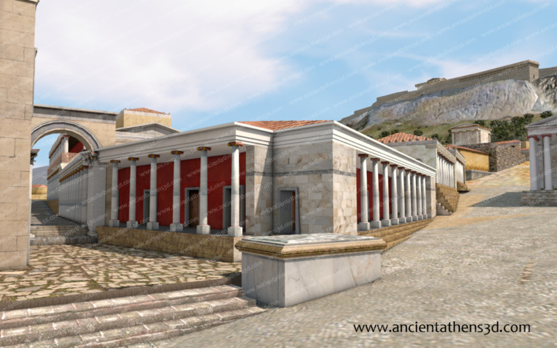 Η Βιβλιοθήκη του Πανταίνου από βορειοδυτικά. Στο βάθος πάνω δεξιά διακρίνεται η Ακρόπολη.