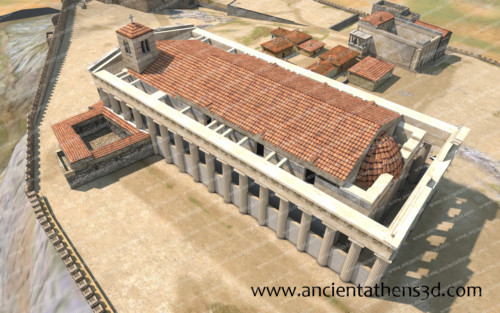 A view of the new roof of the Parthenon. On the top left, the bell tower, and down right the arc with the cupola in the pronaos.