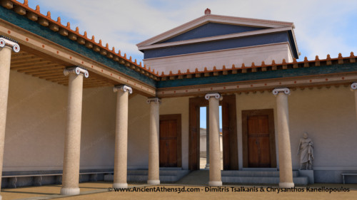 The inner peristyle courtyard of the Pompeion. The walls were made of raw bricks coated with white mortar. The Ionian collonade of the peristyle should have been covered by a wooden superstructure.