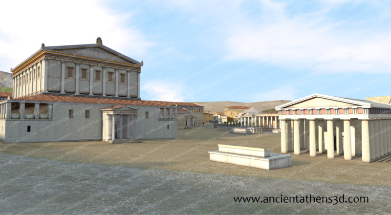 Από βορειοανατολικά. Στα αριστερά, το Ωδείο του Αγρίππα και στα δεξιά ο Ναός του Άρη.