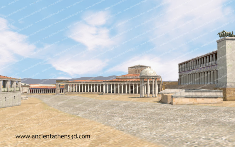 Γενική άποψη από νότια. Αριστερά, ο ανατολικός τοίχος του Ωδείου του Αγρίππα, αμέσως μετά βρίσκεται η Ποικίλη Στοά, μετά η Βασιλική, ο Μονόπτερος και η Στοά του Αττάλου.