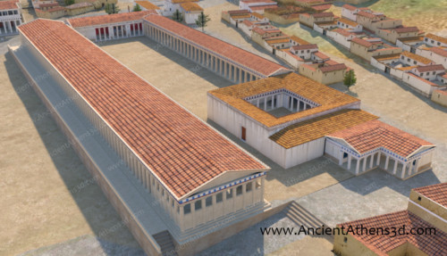Panoramic view of the group of southern stoas. On the left, is the Middle Stoa and opposite of it is South Stoa II. Above left is the conjunctive East Building, while on the right is the rectangular Aiakeion next to the Southwest fountain.