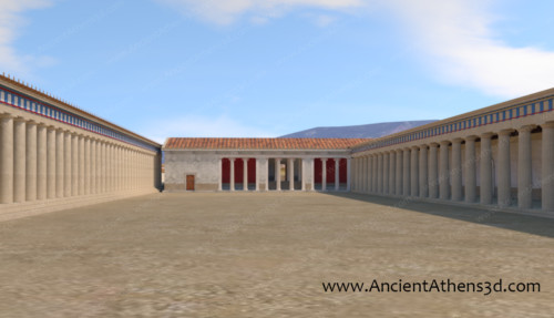 View from the space between the two stoas. In the middle is the Eastern Building, on the left is the Middle Stoa and on the right the South Stoa II.