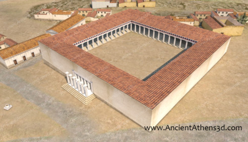 The Square Peristyle on the northeast of the Agora. The construction begun around 300 BC but was never completed. The part that was completed was used as a courthouse. It was demolished in 150 BC to build the Stoa of Attalos in the same place. Its parts were mainly used to construct the South Stoa II.