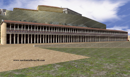 The stoa of Eumenes (170 BC) was 163 metres long and 17.65 metres wide. It was probably destroyed by the invasion of the Heruli in 267 AD. Its material was used for the Late Roman wall of the city.