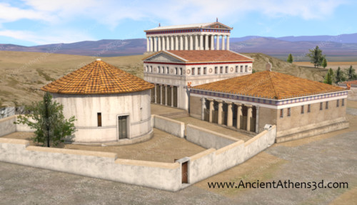 Η νοτιοδυτική πλευρά. Στα αριστερά βρισκόταν η κυκλική Θόλος, ο χώρος εστίασης για τους κρατικούς αξιωματούχους. Δίπλα στη Θόλο βρίσκονταν τα δύο Βουλευτήρια. Το νεότερο χτίστηκε γύρω στο 425 π.Χ. Μέσα στο παλαιότερο φυλάσσονταν πιθανόν τα αρχεία της πόλης. Στον λόφο στέκει ο ναός του Ηφαίστου.