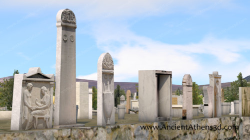 Οι στήλες κατά μήκος της Οδού των Τάφων. Η πρώτη από αριστερά είναι η γνωστή στήλη της Ηγησούς, κόρης του Προξένου που πέθανε περίπου το 410 π.Χ.