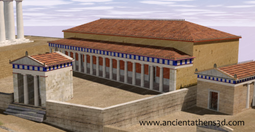 The Chalkotheke (=the Bronze Gallery) was the place where the hundreds of the bronze offerings to goddess Athena were kept. These offerings consisted mostly of bronze statues, weapons and metal relics.