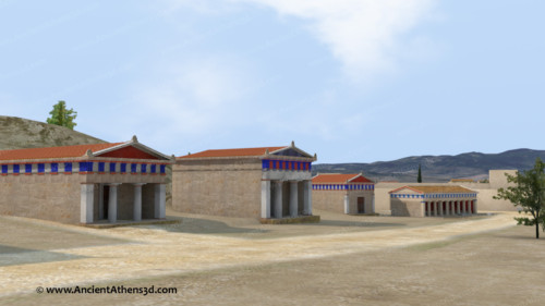 Από αριστερά προς τα δεξιά: το Μητρώον (ναός της Μητέρας των θεών), ο ναός του Πατρώου Απόλλωνα, Ναός του Δία (όπου αργότερα θα χτιστεί η Στοά του Ελευθερίου Διός που θα πάρει και το όνομα) και η Βασίλειος Στοά.