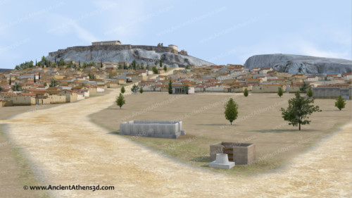View from the north. In the foreground the Leokoreion where Hipparchos was murdered, and the altar of the 12 Gods (525 BC). In the background, the Acropolis.