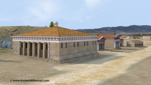 Το Βουλευτήριον (500 π.Χ.). Τετράγωνο οικοδόμημα με αμφιθέατρο στο εσωτερικό του. Εκεί συνεδρίαζαν οι εκλεγμένοι βουλευτές για τις αποφάσεις της πόλης.