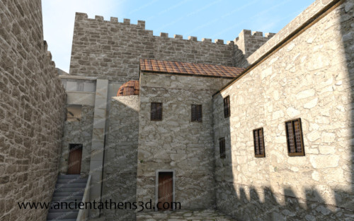 Το εσωτερικό της αυλής στα Προπύλαια (πίσω από την πινακοθήκη). Στο μέσον, το καθολικό παρεκκλήσι του παλατιού.