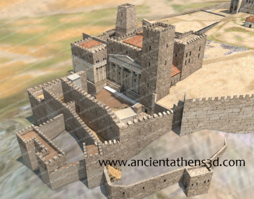 Τα Προπύλαια από νοτιοδυτικά. Το διάστημα μεταξύ των κιόνων στα κεντρικά κτήρια έχει κλειστεί, ενώ δεύτερος όροφος προστέθηκε πάνω τους για τα διαμερίσματα του διοικητή.