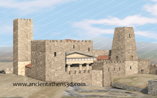 Άποψη από νοτιοανατολικά. Το αρχαίο κτήριο του Μνησικλή μόλις διακρίνεται.