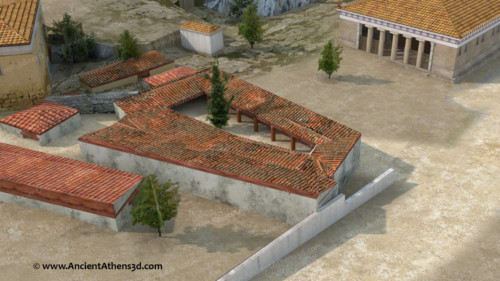 The Prytanikon. (550-525 BC) It is sometimes considered as a house of Peisistratus and his sons. During the Democracy times, however, it served as a dinning room for the elected Deputies. During the excavation, pottery was found with the inscription: “ΔΕ” (Δημόσιον-Demosion), meaning that it belongs to the State.