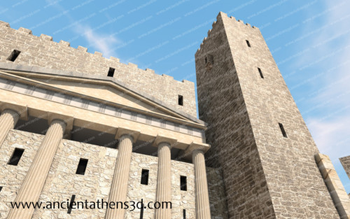 Το κεντρικό κτήριο των Προπυλαίων από δυτικά με τον φραγκικό πύργο.