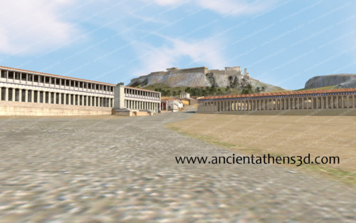 View towards the southeast. On the left is the Stoa of Attalos and on the right, the Middle Stoa. In the background the Acropolis.