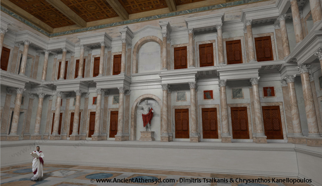 The Bibliostasion with the nitches for the books. In the centre is the statue of the emperor Hadrian.