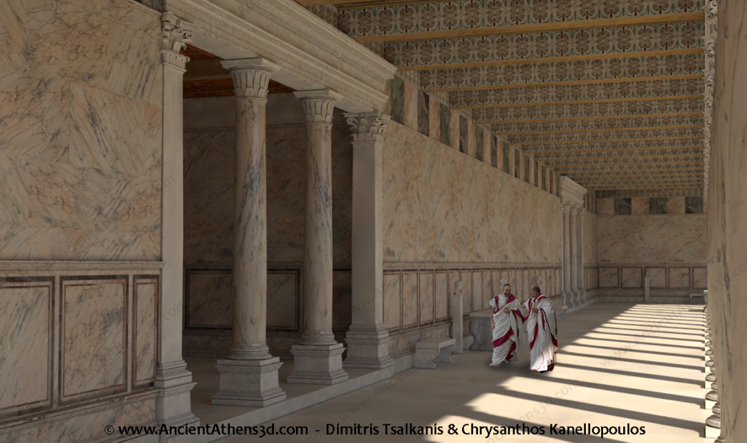 The north stoa of the peristyle. On the left is the entrance of the central, rectangular exedra and in the background the semicircular one.