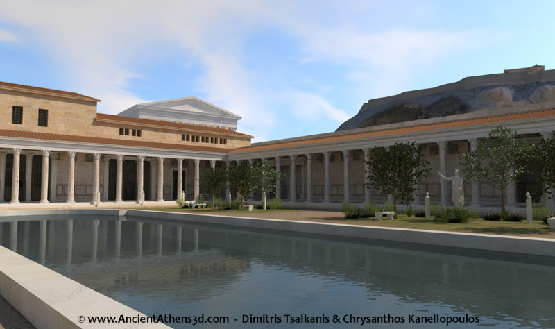 The garden of the Library with the pool. In the background is the Acropolis with the Erechtheion and the back side of the Pantheon.