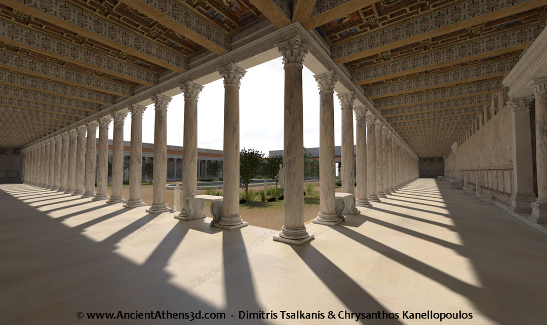 General view of the stoa of the peristyle from the northeast corner. On the right is the entrance to the exedra.